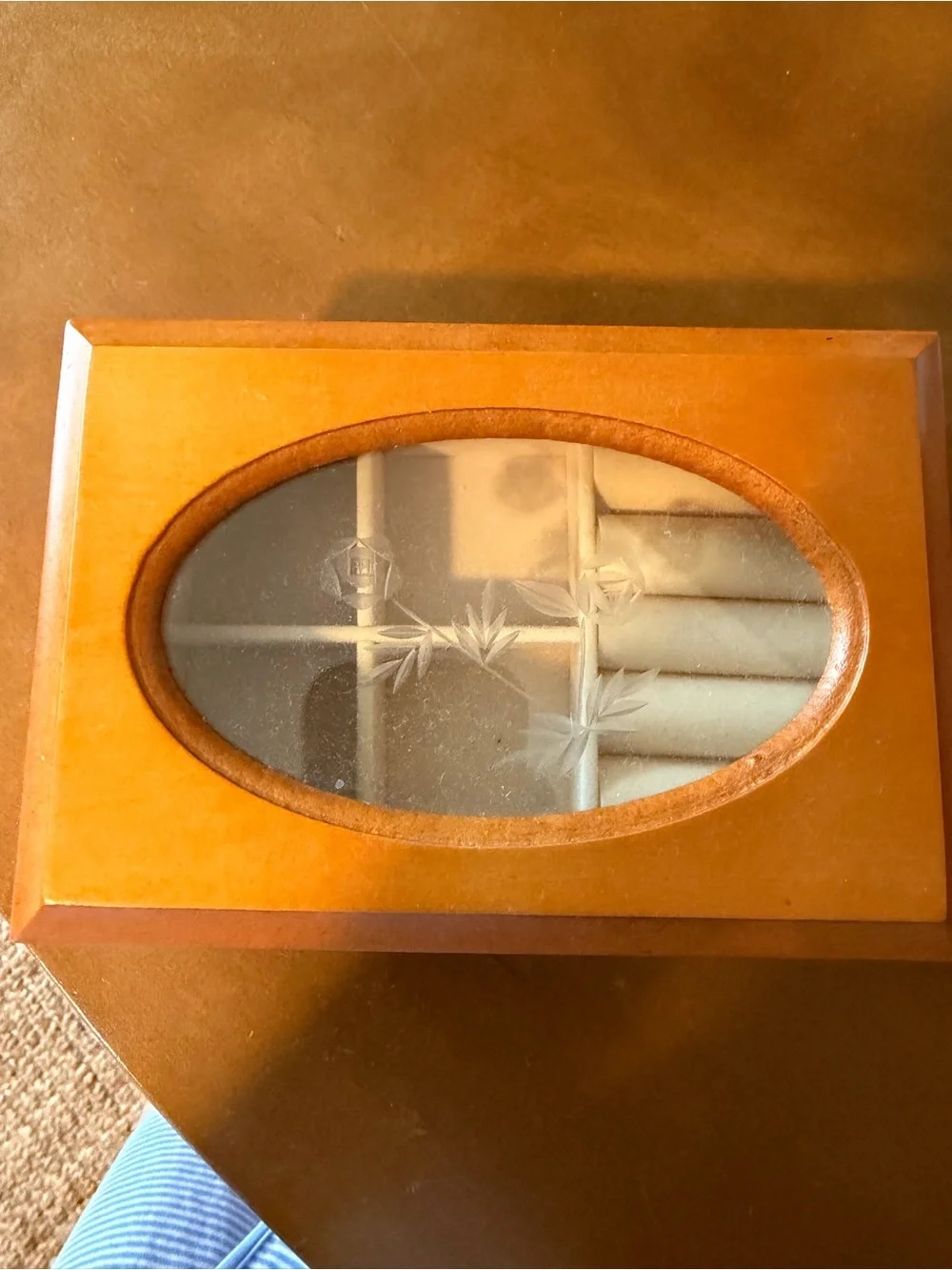 Wooden Jewelry Box with Etched Glass Lid - Honey Brown